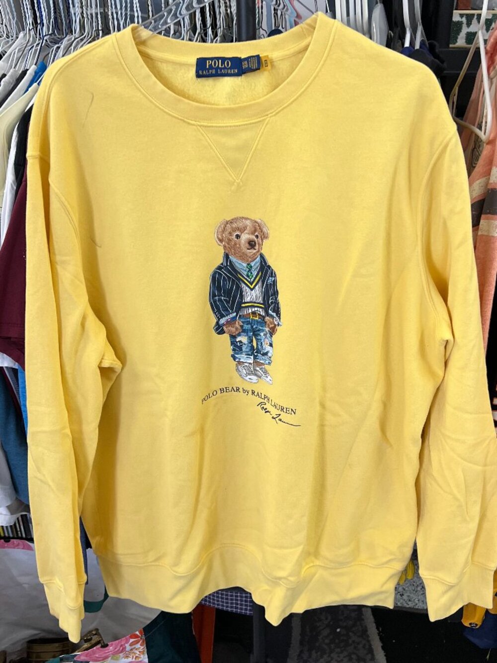 Polo Ralph Lauren Sweatshirt Mens 2XL Yellow Polo Bear Fleece Pullover Sweater